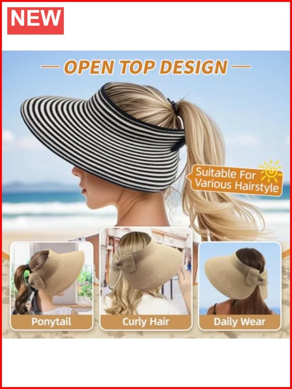 Wide Brim Paper Straw Sun Visor Hat UPF 50+ Foldable Adjustable